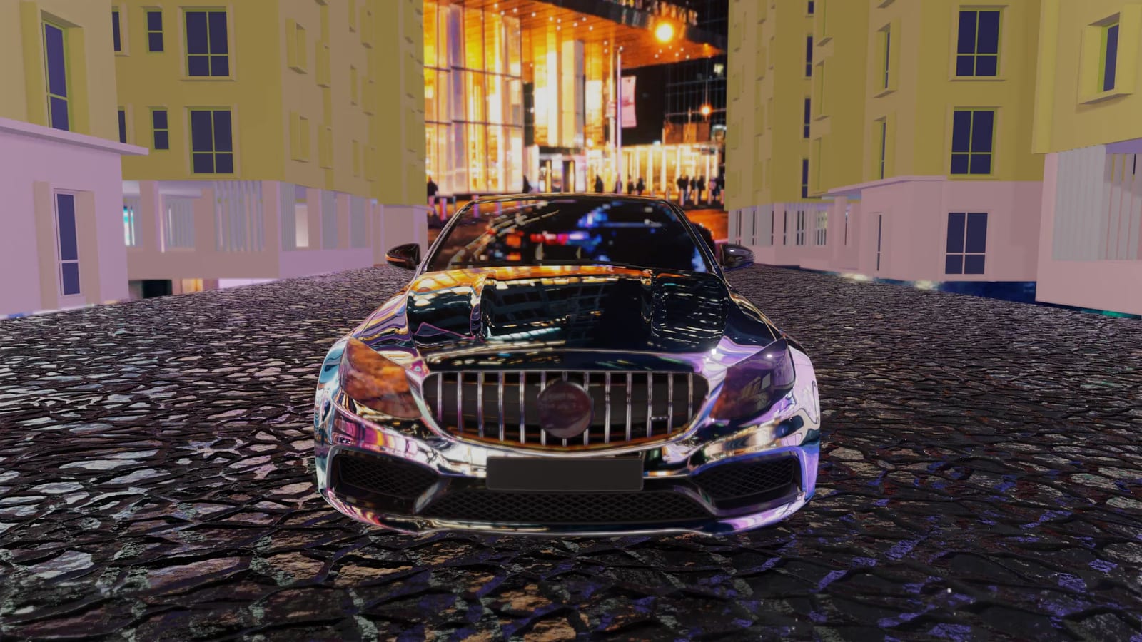 3D render of a chrome car on a cobblestone street lit by a glowing shopfront.